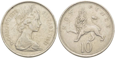 Великобритания 10 пенсов 1976 Елизавета II (1952-2022) KM 912, Spink 4231 (F1) медно-никель  215-723