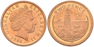 Гибралтар 2 пенса 1999 KM 774 сталь плакированная медью UNC 4619-225