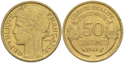 ФРАНЦИЯ 50 САНТИМОВ 1941 ТИП MORLON KM 894.1, LE FRANC 192.18 алюминиевая бронза 44-444