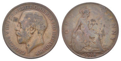 Великобритания 1 пенни 1918 KN, Георг V (1910-1936) KM 810, Spink 4053 бронза 4661-616