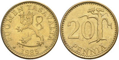 ФИНЛЯНДИЯ 20 ПЕННИ 1985 N KM 47 алюминиевая бронза 4563-336