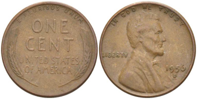 США 1 ЦЕНТ 1956 D, ЛИНКОЛЬН KM А132 медь цинк 218-1027