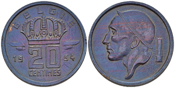 Бельгия 20 сантимов 1954 Belgie, Бодуэн I (1951-1993) KM 147.1 бронза 66-439