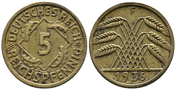 ГЕРМАНИЯ 5 РЕЙХСПФЕННИГОВ 1936 F KM 39, J. 316 алюминиевая бронза 39-622