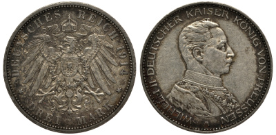 Пруссия 3 марки 1914 Вильгельм II (1888-1918) в мундире KM 538, J.113 серебро 3711-611