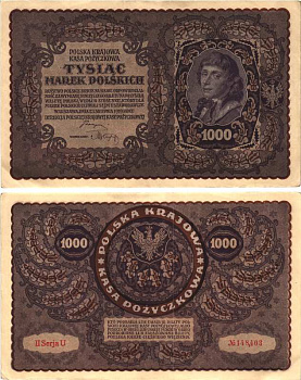 Польша 1000 марок 1919 23 августа 1919, II серия, портрет Костюшко, серия U Pick 29 (2)  бумага   8609-14-1-1
