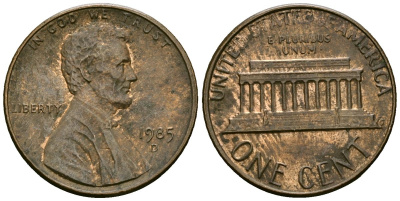 США 1 цент 1985 D, Линкольн KM 201b цинк плакированный медью 4136-256