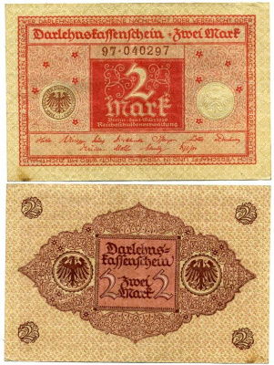 ГЕРМАНИЯ 2 МАРКИ 1920 1 МАРТА 1920, ВЕЙМАРСКАЯ РЕСПУБЛИКА, КРАСНАЯ, СЕРИЯ 97 Pick 59, Rosenberg 65b бумага 7523-13-3