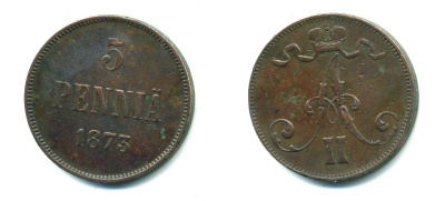 РОССИЯ ДЛЯ ФИНЛЯНДИИ 5 ПЕННИ 1873 АЛЕКСАНДР II KM 4.2, Биткин 662 медь 4381-414