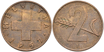 Швейцария 2 раппена 1957 В KM 47 бронза 4591-1153