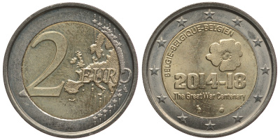 БЕЛЬГИЯ 2 ЕВРО 2014 100 ЛЕТ НАЧАЛУ ПЕРВОЙ МИРОВОЙ ВОЙНЫ (1914-1918) KM 345 биметалл 176-134