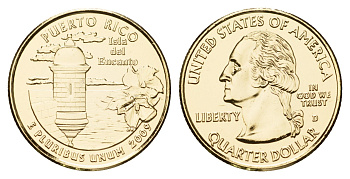 США 25 центов (квотер, 1/4 доллара) 2009 серия штаты США, Пуэрто-Рико KM 446 медь плакированная золотом UNC 1084-7-53