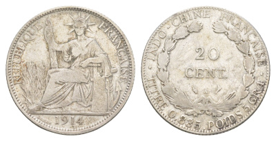 Французский Индокитай 20 сантимов 1914 KM 10 серебро 1521-913