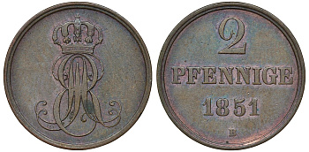 Ганновер 2 пфеннига 1851 B, Эрнст Август (1837-1851) KM 202.1, AKS 124, J. 75 медь 4681-1042