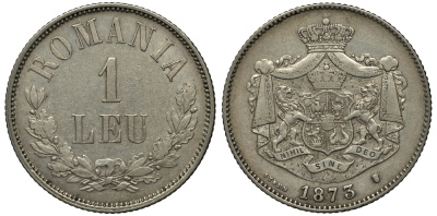 Румыния 1 лей 1873 b, Кароль I как принц (1866-1881) KM 10 серебро 441-1341