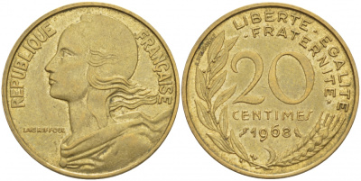 ФРАНЦИЯ 20 САНТИМОВ 1968 ТИП MARIANNE KM 930, LE FRANC 156.8 алюминиевая бронза 3856-1116