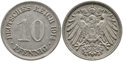 ГЕРМАНИЯ 10 ПФЕННИГОВ 1914 G KM 12, J. 13 медно-никель 87-144
