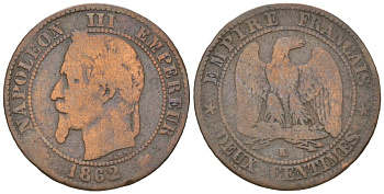Франция 2 сантима 1862 K, Наполеон III (1852-1870) KM 796.6 бронза 218-826
