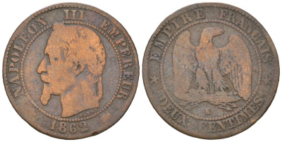 Франция 2 сантима 1862 K, Наполеон III (1852-1870) KM 796.6 бронза 218-826
