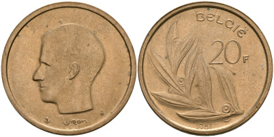 Бельгия 20 франков 1981 Belgie KM 160 никель бронза 4120-1126