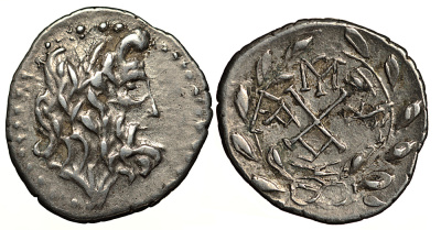Ахейский Союз, Элида гемидрахма 167-146 гг. до н.э. голова Зевса / монограммы в лавровом венке, 2,29 гр BCD Peloponnesos 682 серебро 1073-11-84