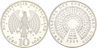 ФРГ 10 евро 2004 G, расширение Евросоюза KM 231, DE.S 10.14 серебро PROOF 1066-3-11