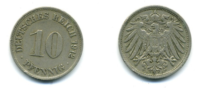 ГЕРМАНИЯ 10 ПФЕННИГОВ 1912 D KM 12, J. 13 медно-никель 54-461