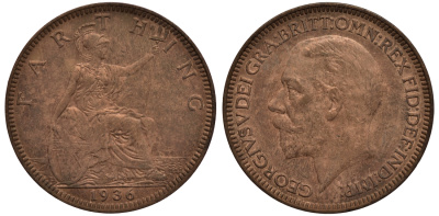 Великобритания 1 фартинг 1936 Георг V (1910-1936) KM 825, Spink 4061 бронза UNC 4114-745