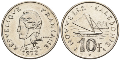 Французская Новая Каледония 10 франков 1972 лодка KM 11 никель  UNC  4610-523