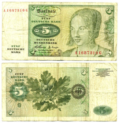 ФРГ 5 МАРОК 1960 Pick 18a бумага 7146-10-3-1