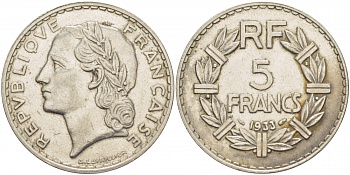 Франция 5 франков 1933 KM 888, Le Franc 336 никель 4403-1126