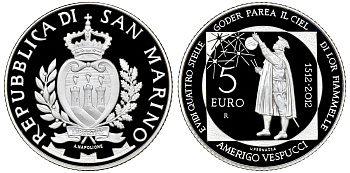 Сан-Марино 5 евро 2012 500 лет со дня смерти Америго Веспуччи, коробка, сертификат SM 160 серебро PROOF 2-5-2-6