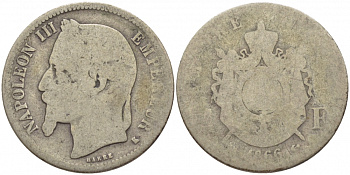 Франция 1 франк 1866 К, Наполеон III (1852-1870) KM 806.3 серебро 4448-311