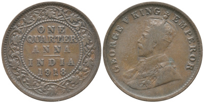 Британская Индия 1/4 анна 1918 Георг V (1910-1936) KM 512 бронза 34-132