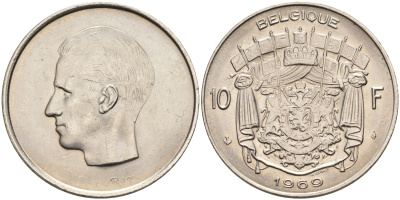 Бельгия 10 франков 1969 Belgique, Бодуэн I (1951-1993) KM 155.1 никель  UNC  4595-553