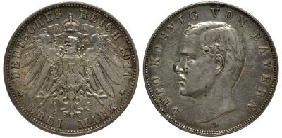 Бавария 3 марки 1911 Отто (1886-1913) Weege 45, J. 47, KM 515 серебро 3711-2031