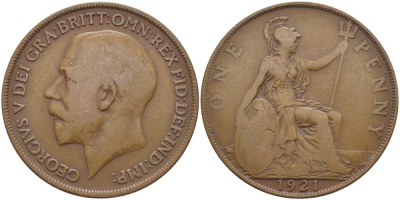 Великобритания 1 пенни 1921 Георг V (1910-1936) KM 810, Spink 4051 бронза 115-214