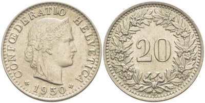 ШВЕЙЦАРИЯ 20 РАППЕНОВ 1950 В KM 29а медно-никель 4511-914