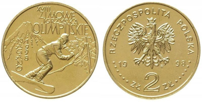 Польша 2 злотых 1998 MW, XVIII Зимние Олимпийские игры в Нагано 1998 года, сноуборд KM 335 нордик  UNC  4521-144