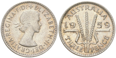 Австралия 3 пенса 1959 Елизавета II (1952-2022) KM 57 серебро 4621-1249