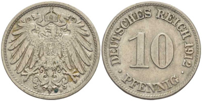 ГЕРМАНИЯ 10 ПФЕННИГОВ 1912 D KM 12, J. 13 медно-никель 33-621
