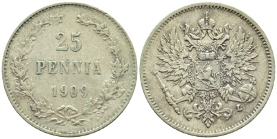 Россия для Финляндии 25 пенни 1909 L, Николай II (1894-1917) KM 6.2, Биткин 417 серебро 57-1121