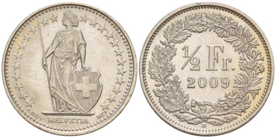 ШВЕЙЦАРИЯ 1/2 ФРАНКА 2009 В KM 23а.3 медно-никель 4528-648