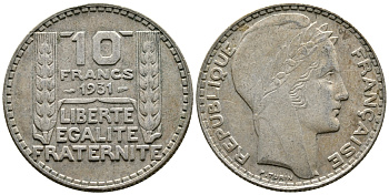 Франция 10 франков 1931 Пьер Тюрен KM 878, Le Franc 360.4 серебро 4683-836