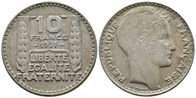 Франция 10 франков 1931 Пьер Тюрен KM 878, Le Franc 360.4 серебро 4683-836