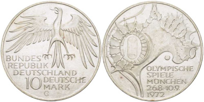 ФРГ 10 МАРОК 1972 G. ОЛИМПИАДА, СТАДИОН KM 133, J. 404 серебро UNC 180-1114