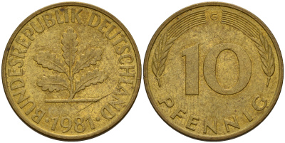 ФРГ 10 пфеннигов 1981 G J. 383, KM 108 сталь плакированная латунью    4603-457