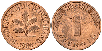 ФРГ 1 пфенниг 1986 F KM 105, J. 380 сталь плакированная медью    4598-638