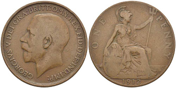 Великобритания 1 пенни 1912 Георг V (1910-1936) KM 810, Spink 4051 бронза 3460-724