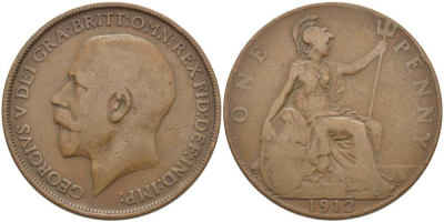 Великобритания 1 пенни 1912 Георг V (1910-1936) KM 810, Spink 4051 бронза 3460-724